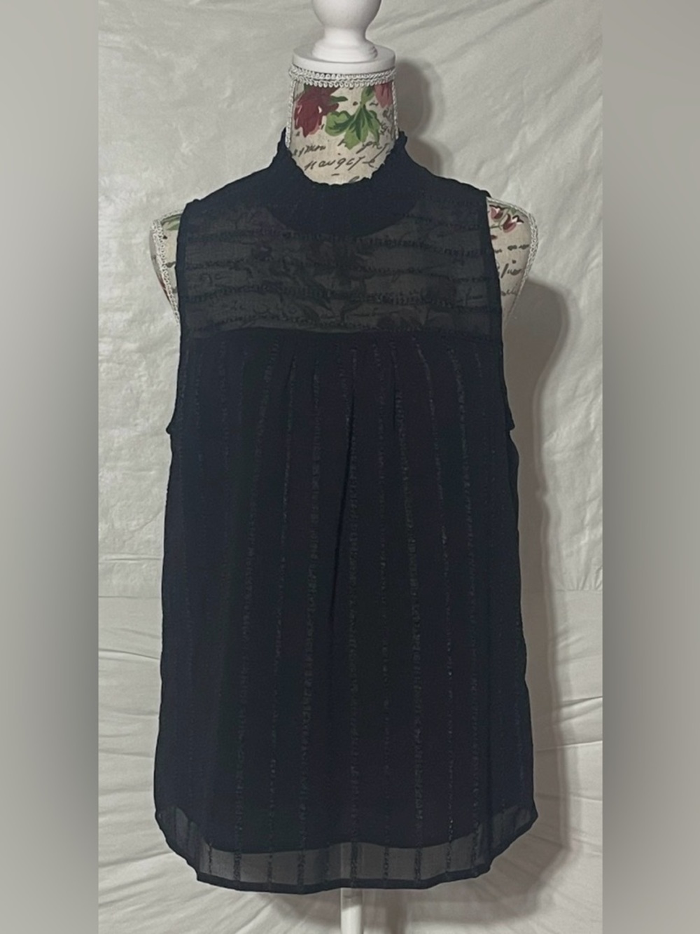 bohme Black Sleeveless Mock Neck Sheer Yoke Camisole